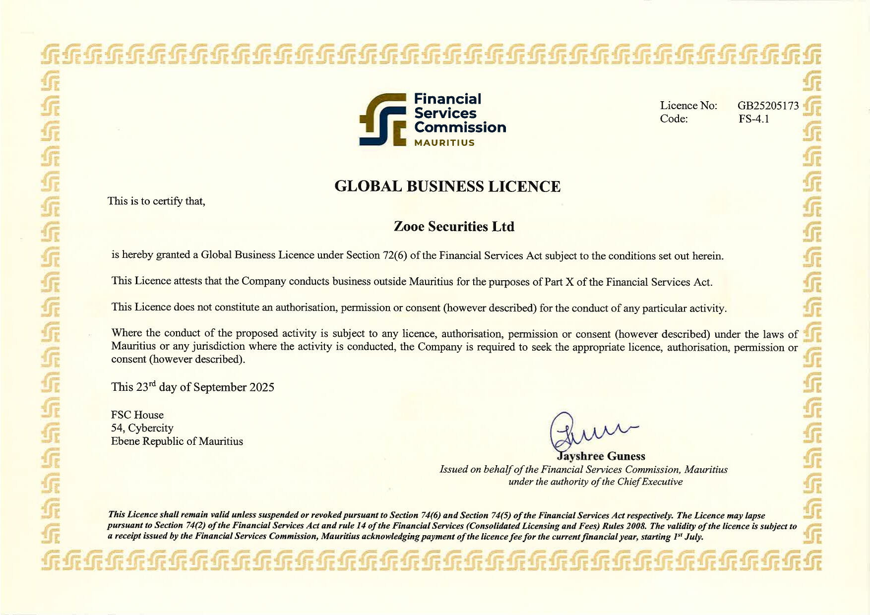 Global Business Licence front page for Zooe Securities Ltd