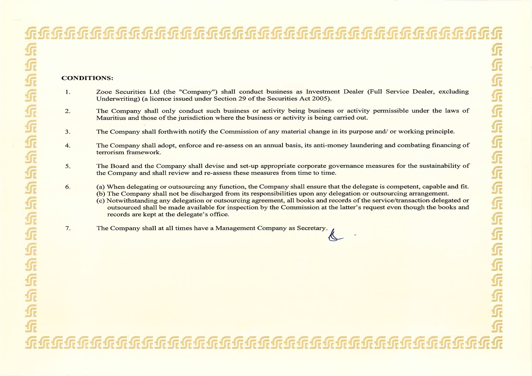 Global Business Licence back page for Zooe Securities Ltd