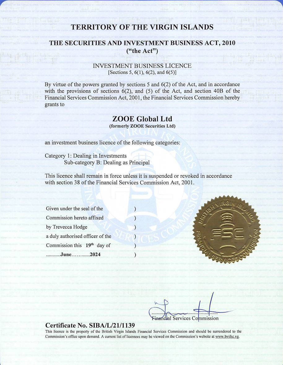 Investment Business Licence certificate for ZOOE Global Ltd